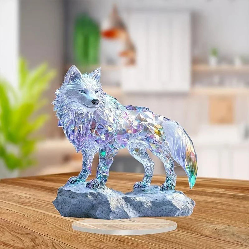 sculpture paon plumes ornements bleus argentés sculpture dragon ailes déployées sculpture loup socle rocheux