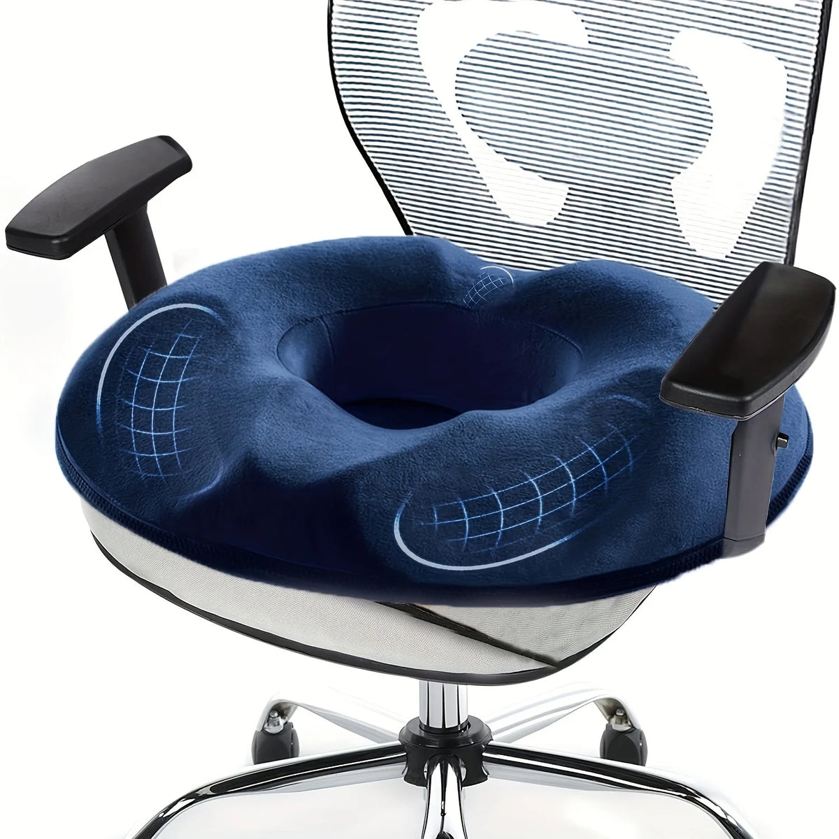 coussin soutien coccygien mousse mémoire forme polyester bleu foncé confortable ergonomique texture douce portable