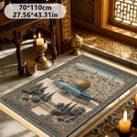 tapis bleu beige doré motif architectural rétro résistant lavage main machine usage multipleextérieurporte İslam