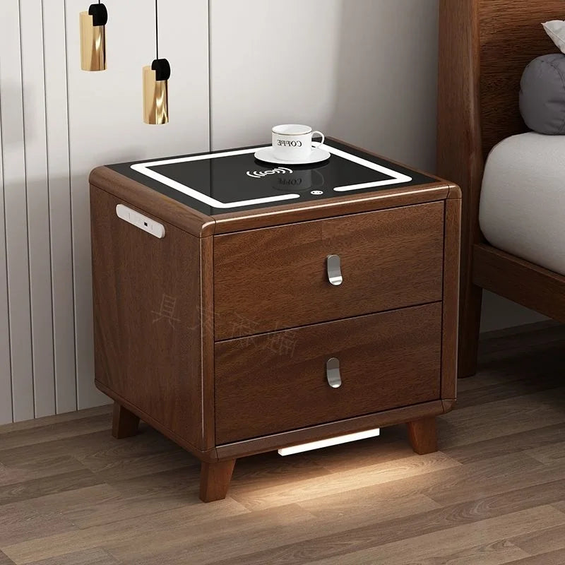 table nuit moderne bois blanc marron poignées métalliques chargeur sans fil