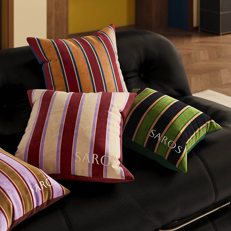 housse coussin velours rayures horizontales carrée décoration salon canapé moderne couleur multicolore 45x45cm