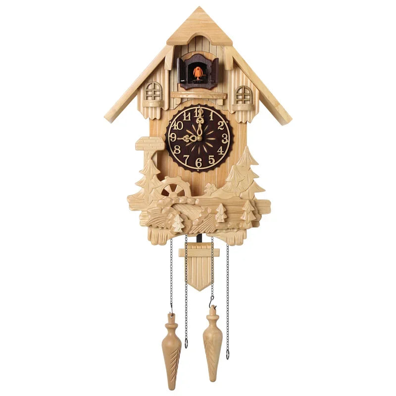pendule bois sculpté chalet horloge murale quartz arbres cheminée rustiqueDecorationSalonCadeauTraditionnel