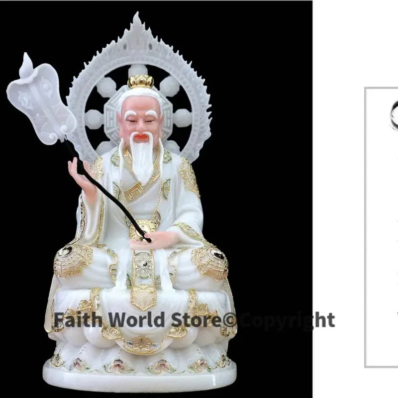 statue divinité asiatique or blanc relief floral traditionnel chinois bouddhiste barbe chapeau plume halo