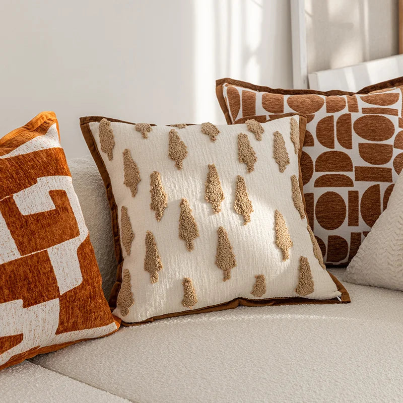 housse coussin géométrique moderne polyester coton noir blanc orange beige minimaliste contemporain ornemental 45x45cm