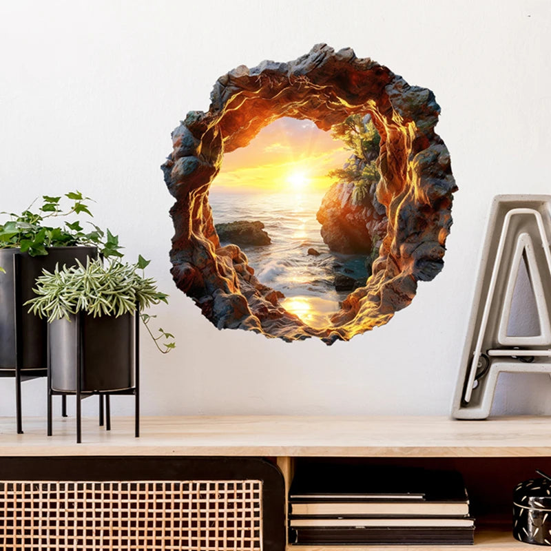autocollants murals paysage marin coucher soleil rochers eau vague adhésifs chambre décoration réaliste 3d