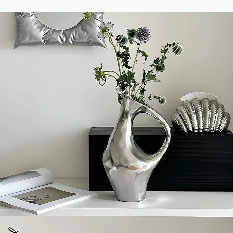 vase céramique moderne noir blanc argenté minimaliste sculpture décoration table opaque floral