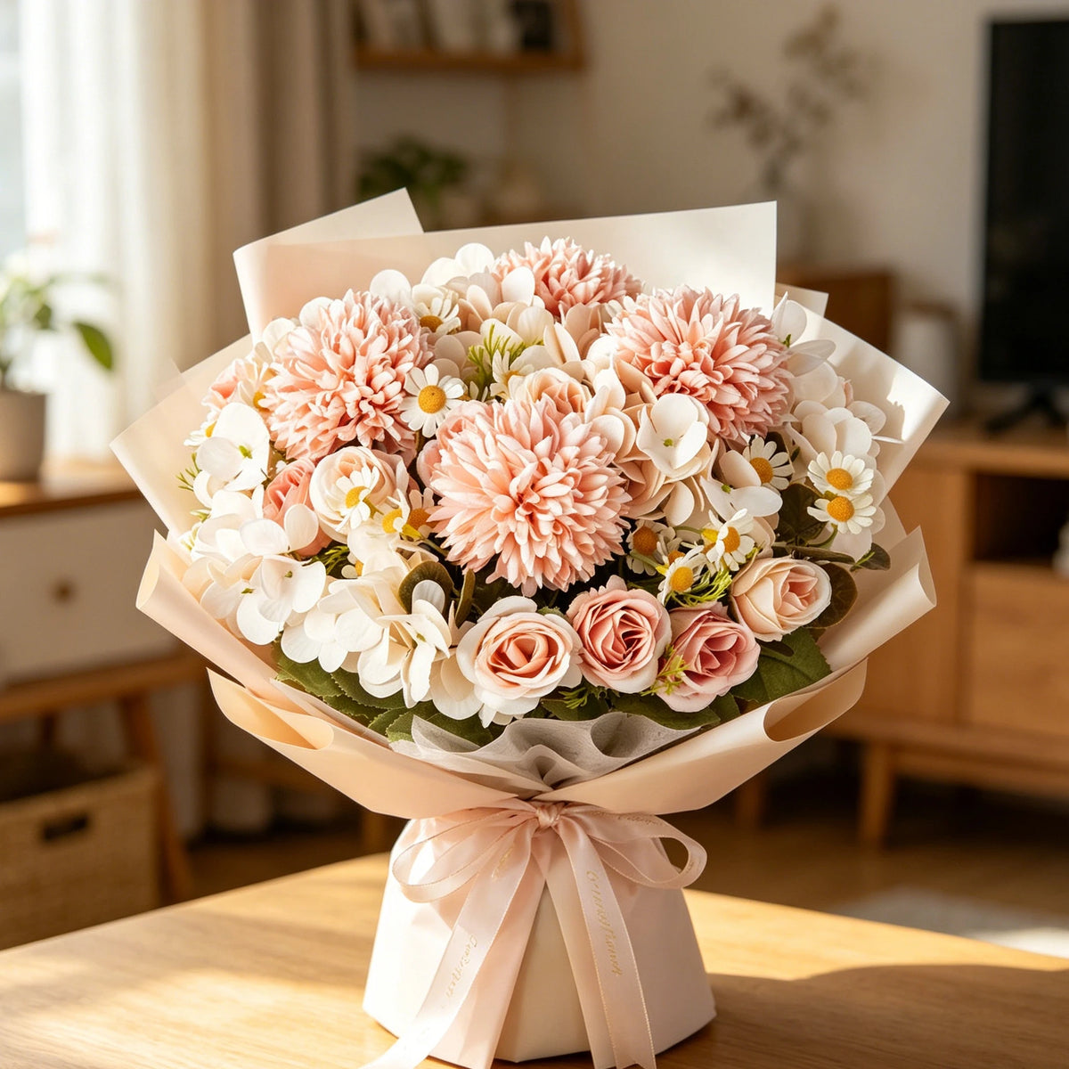 bouquet fleurs artificielles chrysanthèmes roses décoration intérieure mariage anniversaire moderne