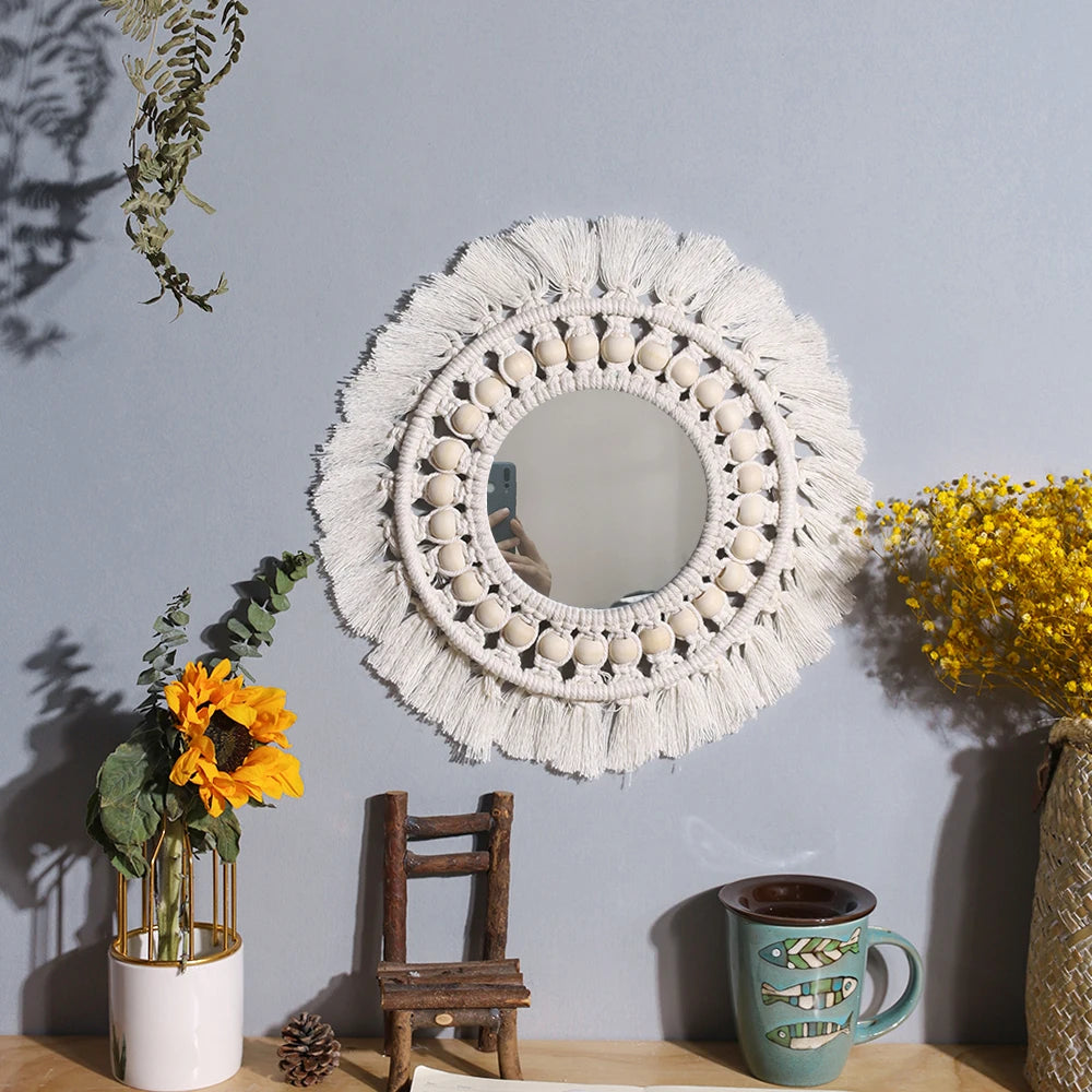 miroir boho blanc macramé franges deco mur salon chambre bébé artisanal