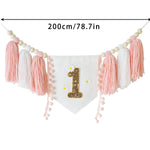 couronne bannière anniversaire fille rose fleurs pompons chiffre décoration fête enfant boho