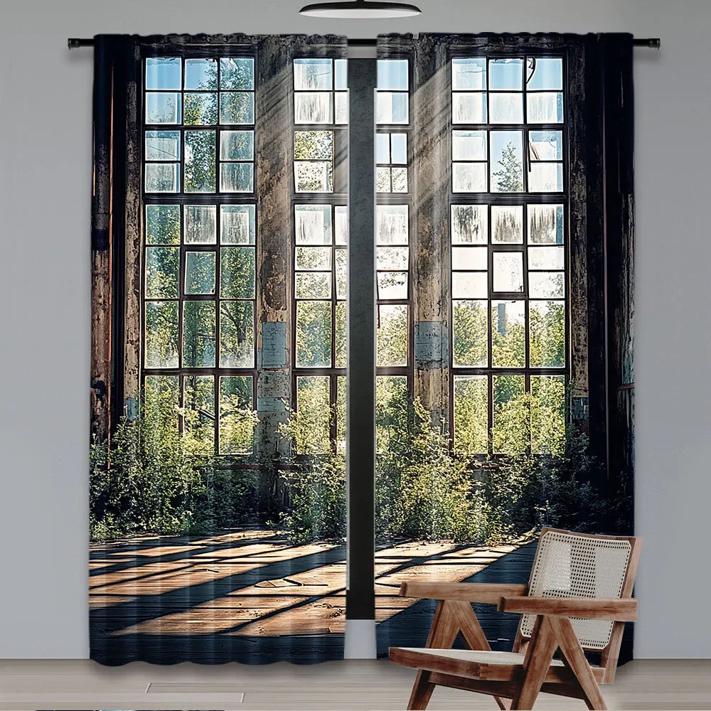 rideau moderne semi transparent imprimé paysage fenêtres bois noir gris vert bleu beige