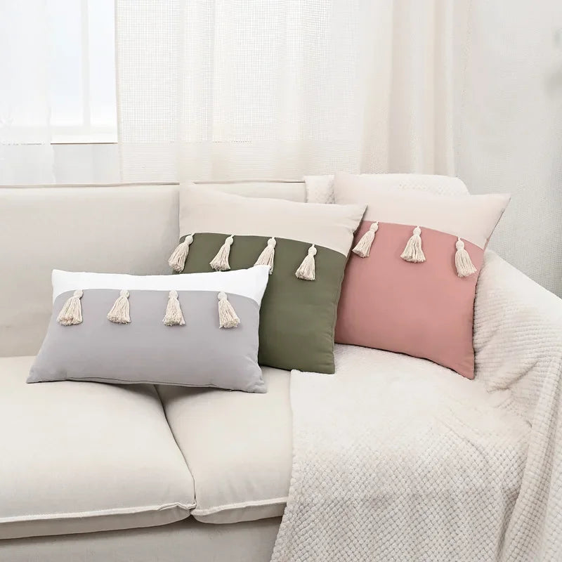 coussins décoratifs gris rose vert modernes fixés tasseaux blancs 45x45cm 30x50cm