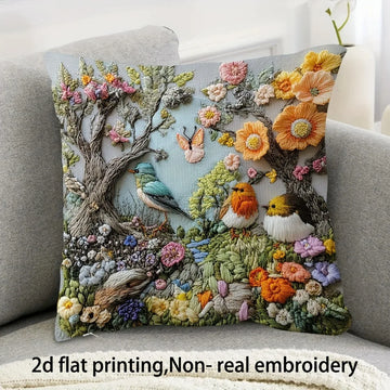 coussin brodé oiseaux fleurs artisanal maison polyester bleu marron vert orange Jaune rose blanc
