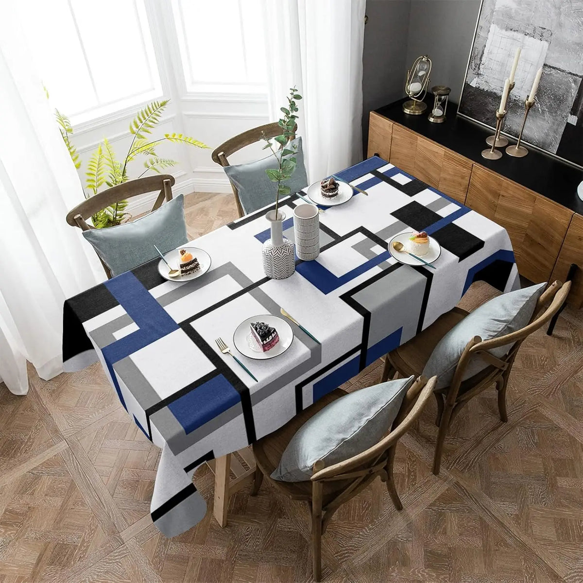 nappe table moderne géométrique bleu noir blanc rectangle réutilisable polyester at dining