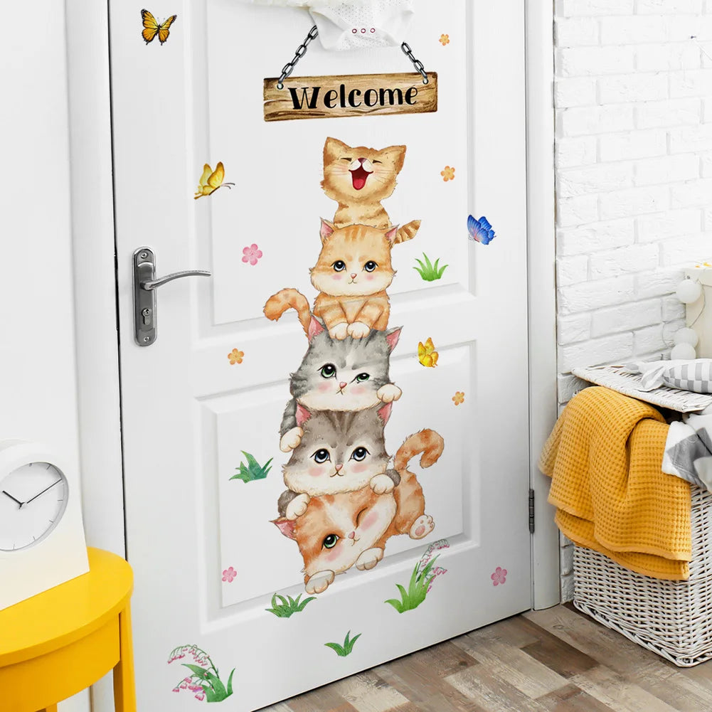 sticker mural dessin animé chatons empilés papillons fleurs welcome multicolore résistant eau chambre enfant