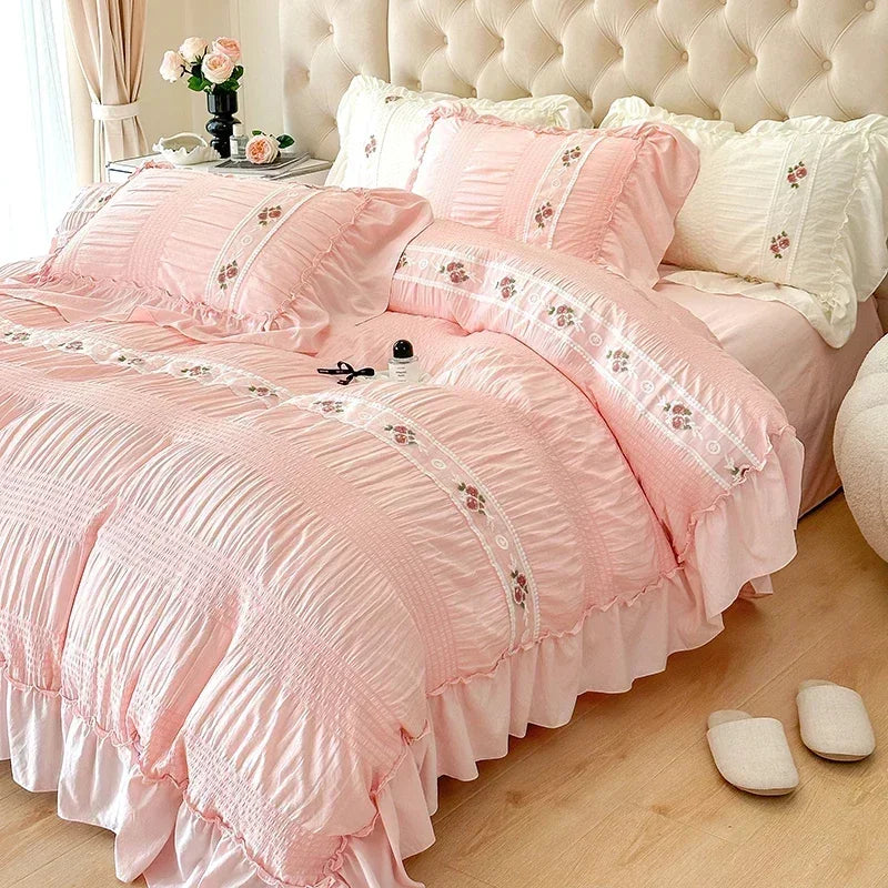 drap plat brodé rose clair classique plissé taies oreillers ensemble literie romantique
