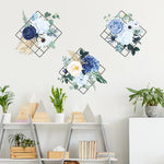 décoration murale moderne fleurs feuillage cadre métallique adhésif intérieur bleu blanc vert doré