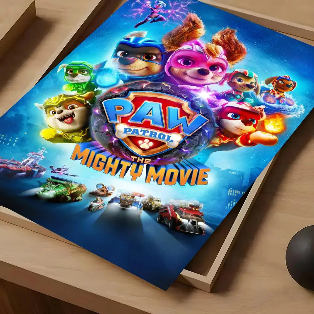 affiche paw patrol moderne personnages animés logo the mighty movie bleu violet rose jaune