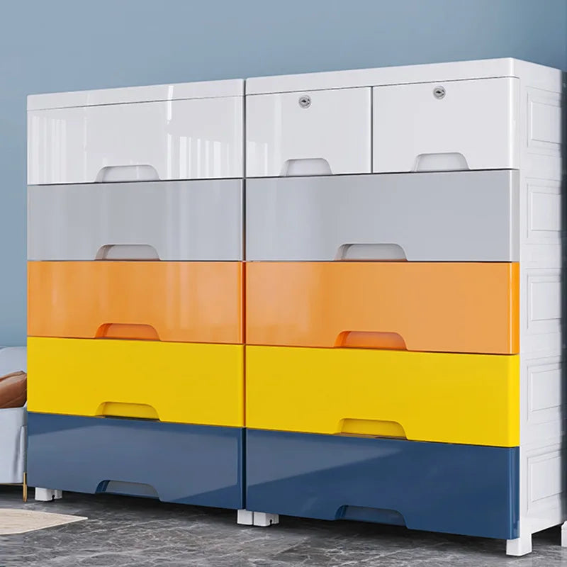 meuble tiroirs blanc rayures horizontales moderne poignées tiroirs orange jaune bleu marine