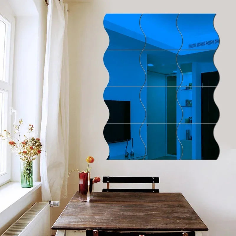 miroir moderne ondulé autocollant bleu blanc noir doré mur carreaux meubles