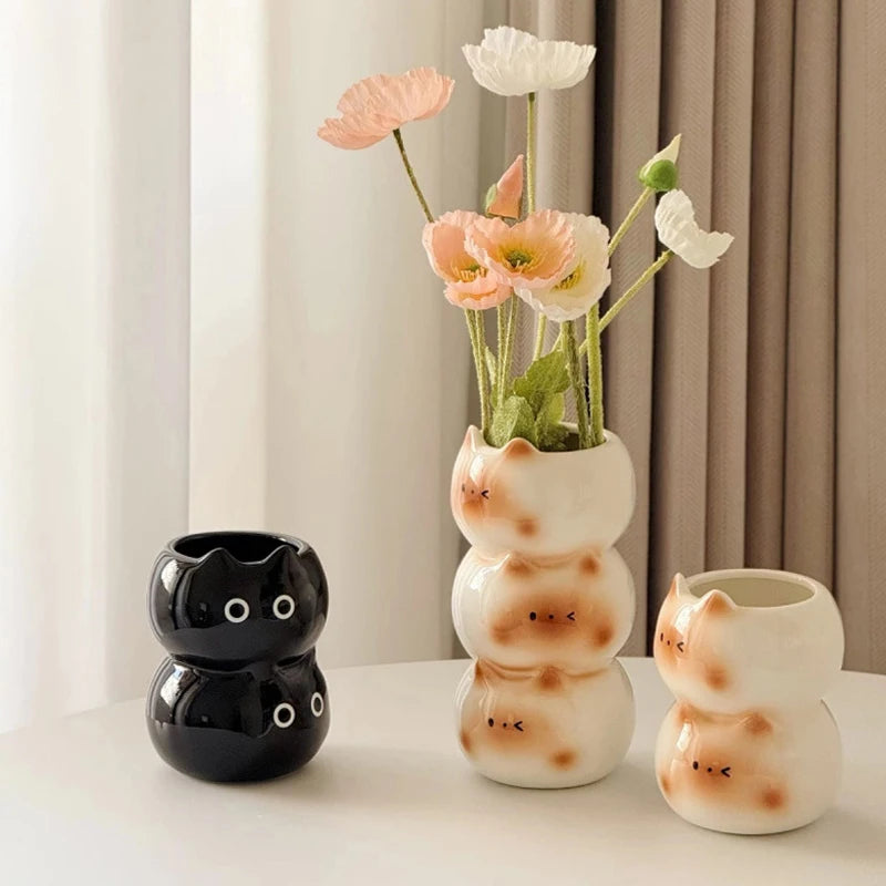 vase céramique blanc noir chaton taches marron décoratif animalier fleurs artificielles salon chambre