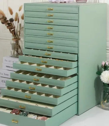 coffret bijoux moderne simili cuir noir blanc vert compartiments poignées dorées stockage sécurité