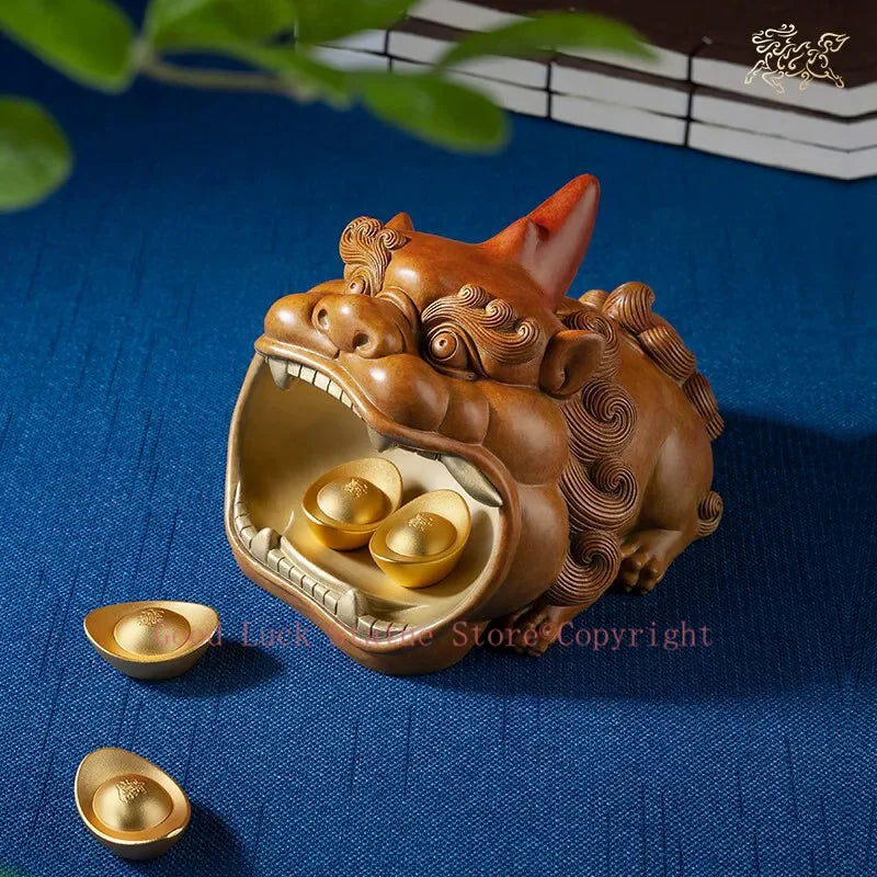 statue décorative lion marron pièces dorées texture détaillée traditionnel asiatiqueintérieur cavité pièces
