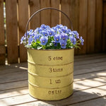 Pot fleurs vintage vert bleu blanc motif étiquette hauteur 22cm largeur 12cm