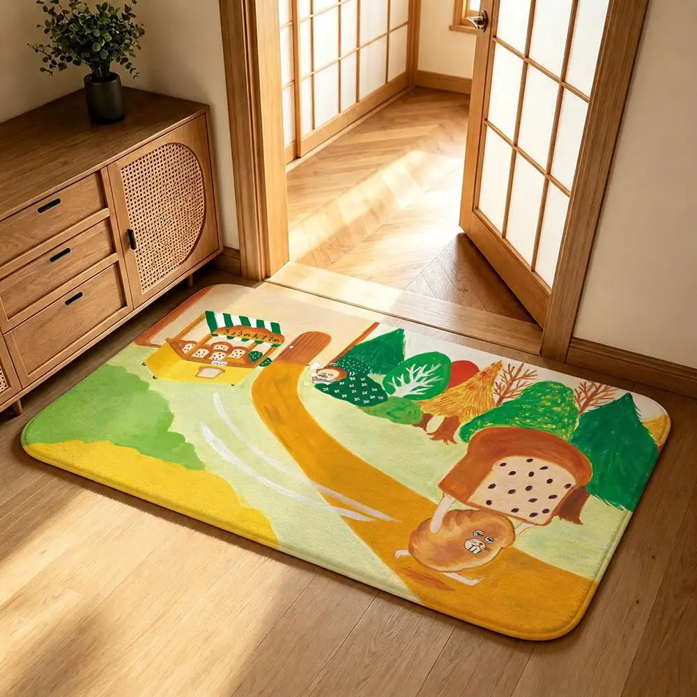 tapis illustration animée pain motif paysager mignon moderne sol antidérapant coton polyester resistant decoloration