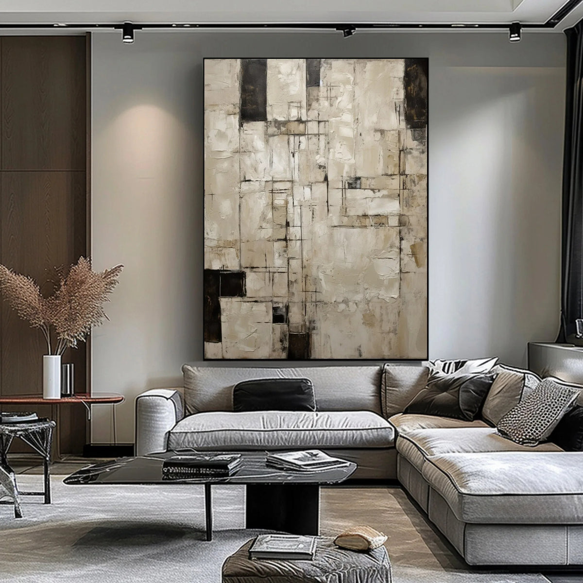 tableau abstrait moderne minimaliste beige noir blanc géométrique toile huile peinture main livingroom bedroom