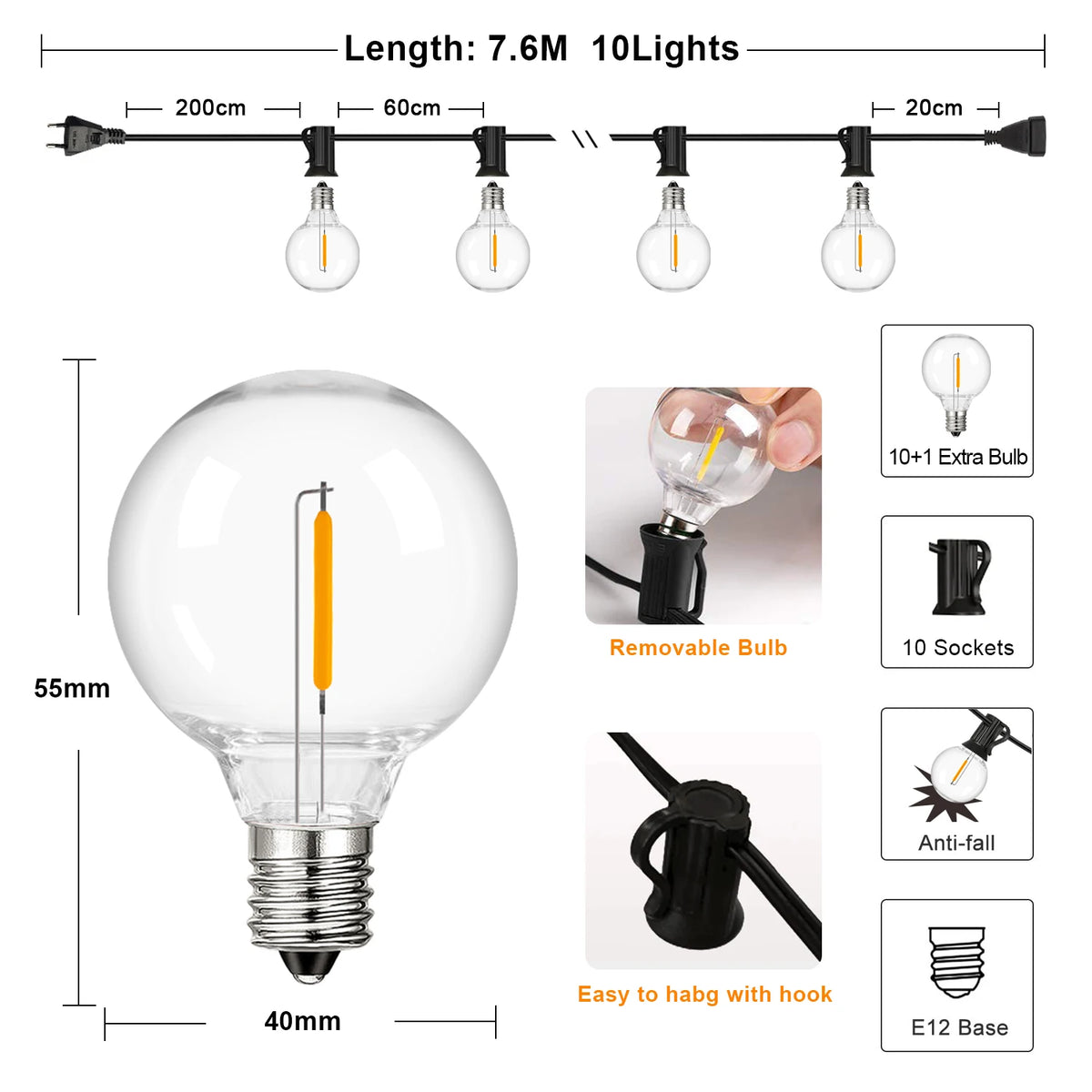 guirlande lumineuse extérieure led jaune orangé industrielle vintage 10m 15lamps imperméable ip44