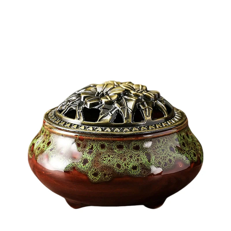 bougeoir encens poterie artisanal texture craquelée couleurs rouge vert bleu noir jaune vintage cendrier