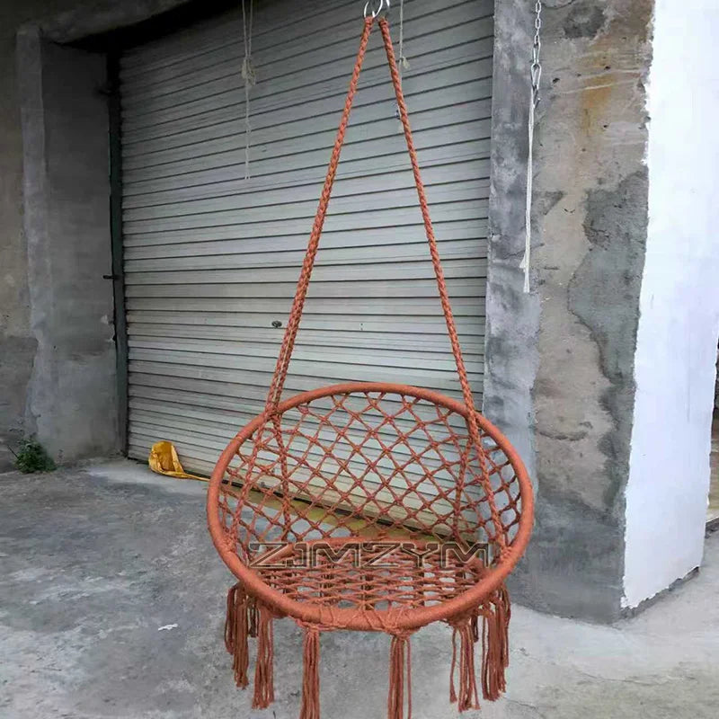 fauteuil suspendu macramé tissé motifs géométriques franges boho chic blanc beige noir rose bleu