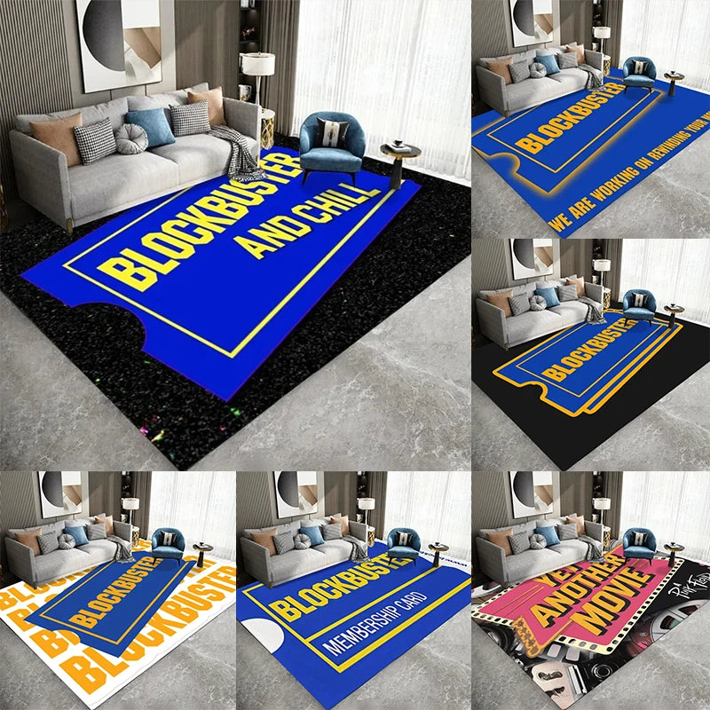 tapis sol moderne bleu lettres dorées décoratif salon chambre intérieur extérieur lavable polyester