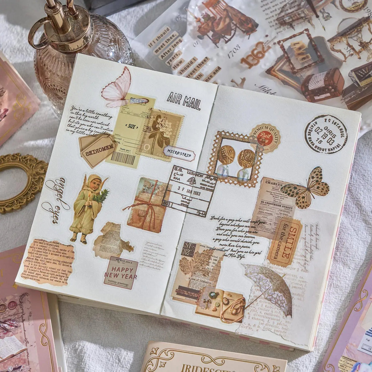 autocollants vintage rose beige marron blanc collage papier illustrations textes rétro romantique scrapbooking journal