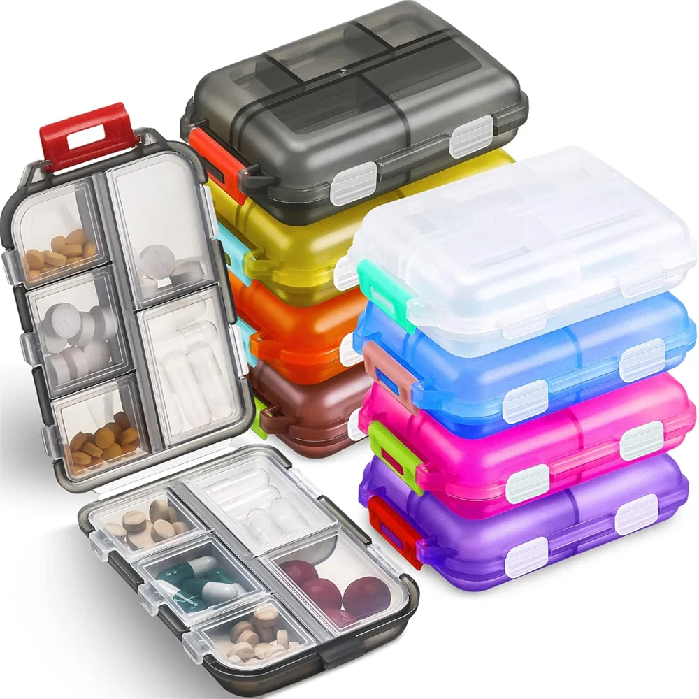 boîtes pilules portables pratiques transparentes noir gris vert rose bleu violet orange jaune