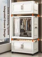 armoire rangement blanc moderne classique verres transparents tiroirs étagères vêtements toilette roulettes