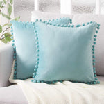 taies d'oreiller velours moderne gris jaune rose bleu blanc pompons non toxique polyester 45x45cm