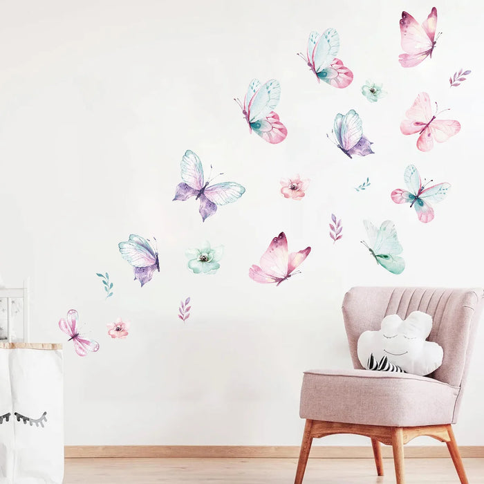 stickers muraux papillons fleurs aquarelle moderne rose bleu violet blanc enfants chambre salon decoration