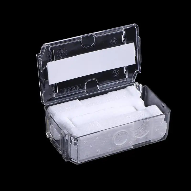 boîte rangement montre transparente texture tissée beige clips fermeture inclusion nettoyage moderne pratique