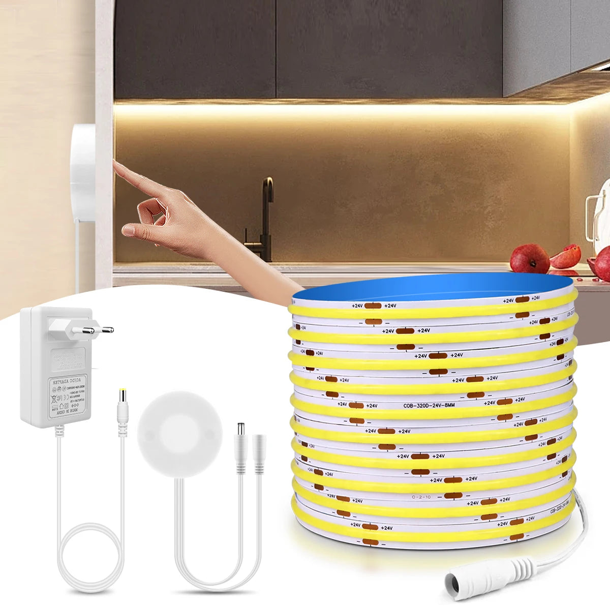 ruban led cob flexible blanc chaud interrupteur tactile adaptateur secteur salon