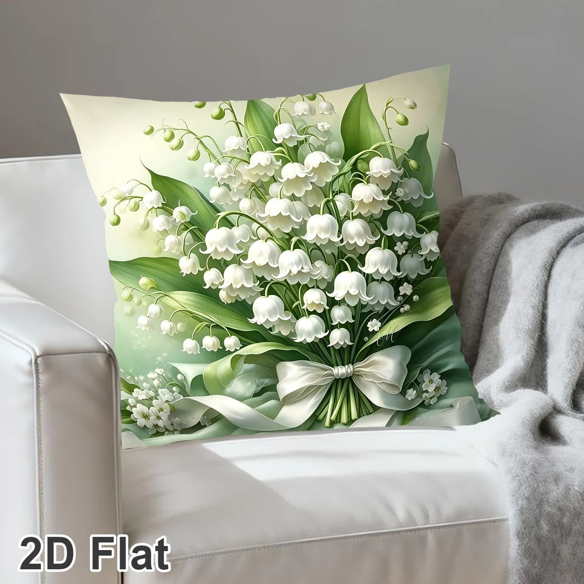 coussin fleurs muguet ruban blanc classique 45x45cm lit maison polyester blanc vert beige