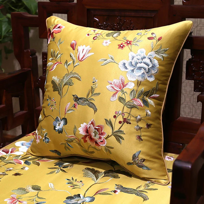 coussin carré motif floral oiseaux vert satiné salon chambre coucher nouvelle décoration chinoise