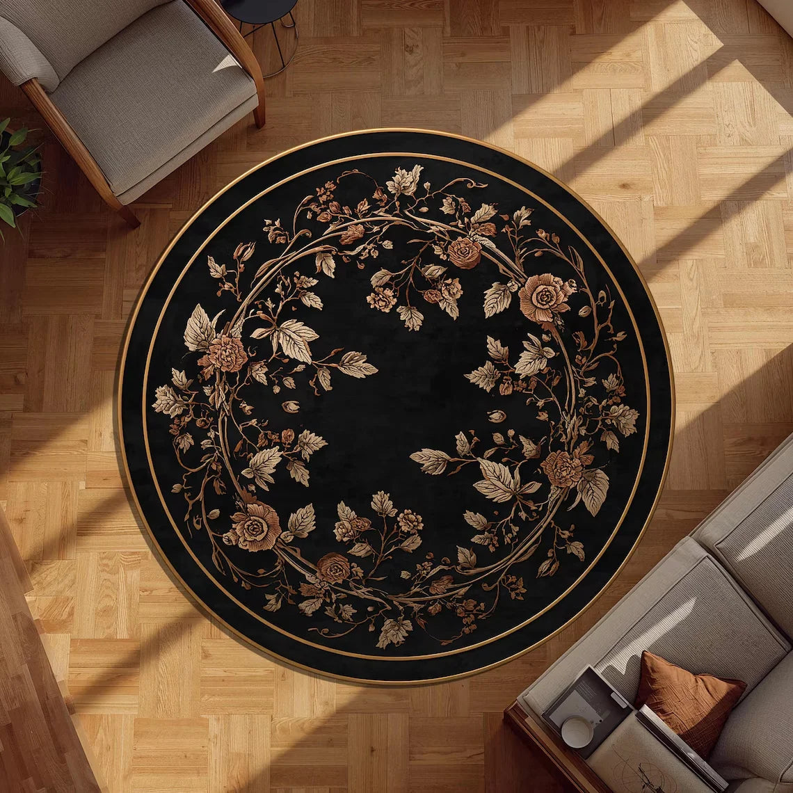 tapis rond floral moderne polypropylène polyester 80x80cm 120x120cm noir beige verte bleu marronextérieur salon