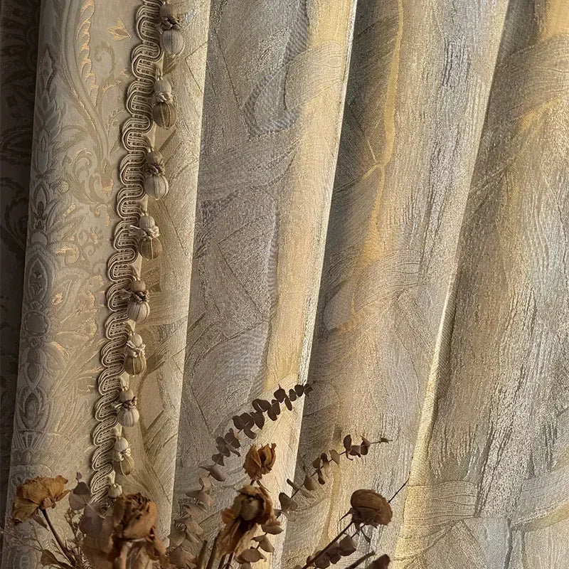 rideau beige doré motif floral brodé épais classique salon chambre fenêtre maison luxe