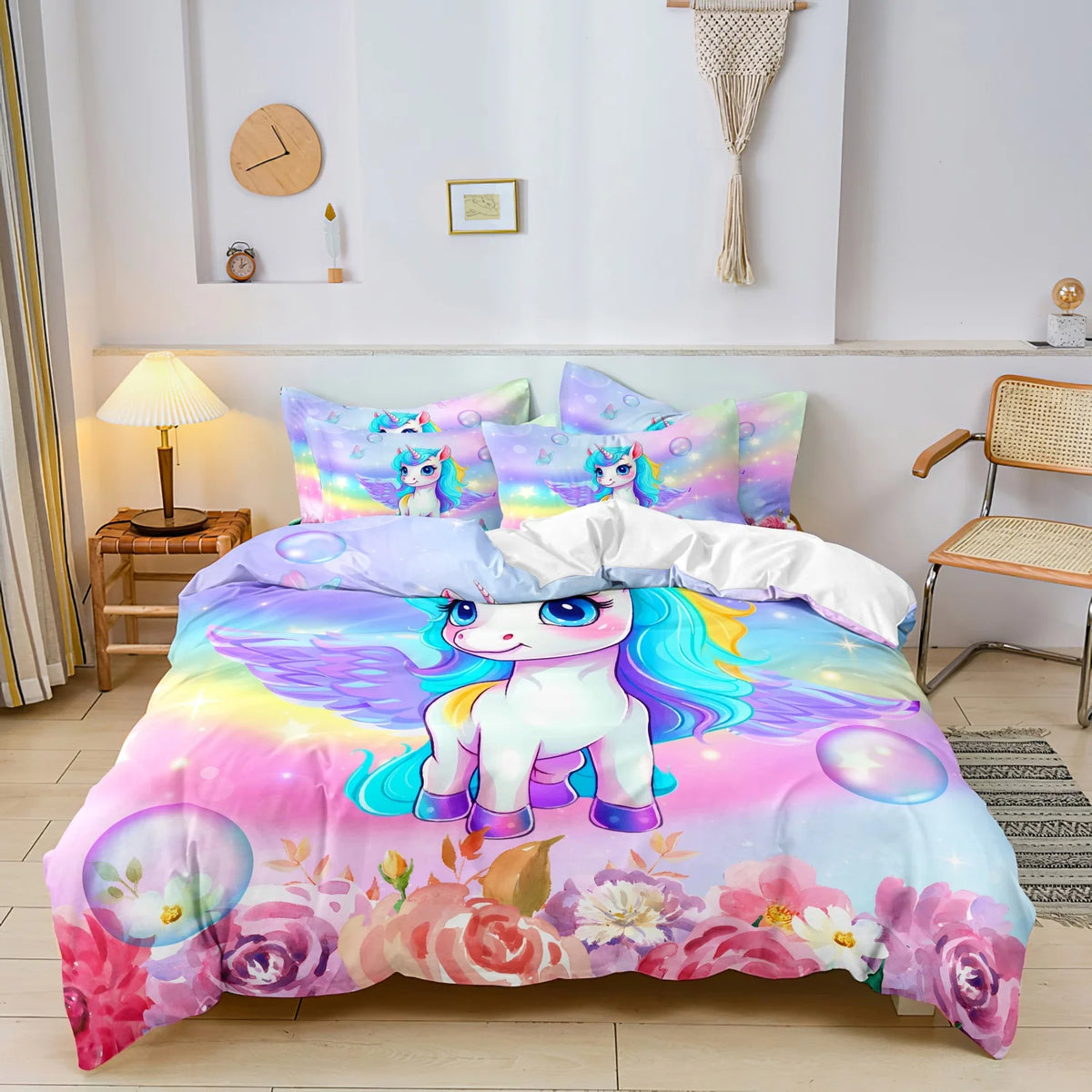 housse couette licorne arc ciel moderne enfant 100 polyester 200x200cm 229x229cm 264x225cm