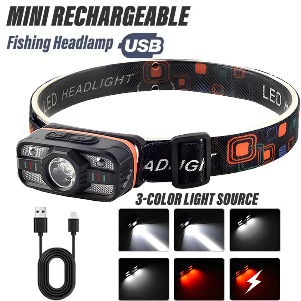 lampe frontale rechargeable led noir orange six modes clip moderne pratique camping pêcheextérieurusbcharger