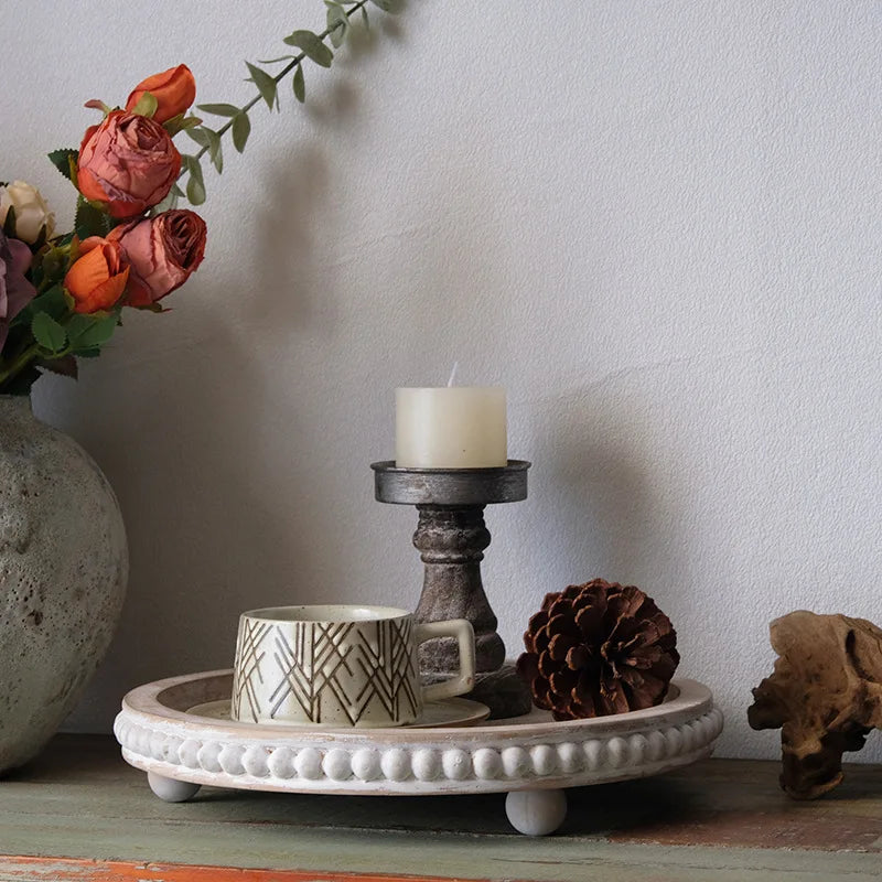 plateau bois blanc vintage rond tasse bougie orné support rustique