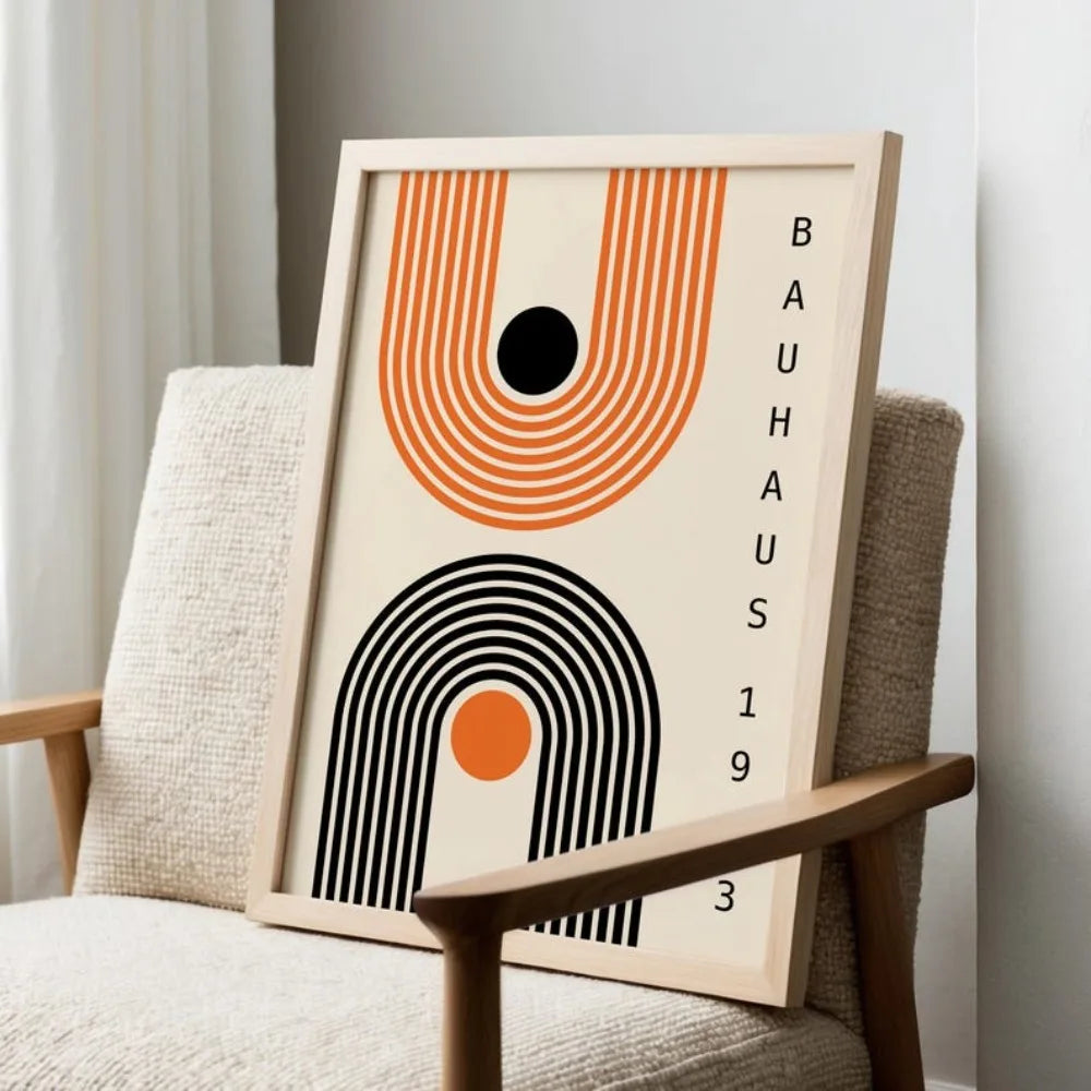 affiche abstraite graphique beige noir orange moderne sans cadre toile chambre salon decoration vertical