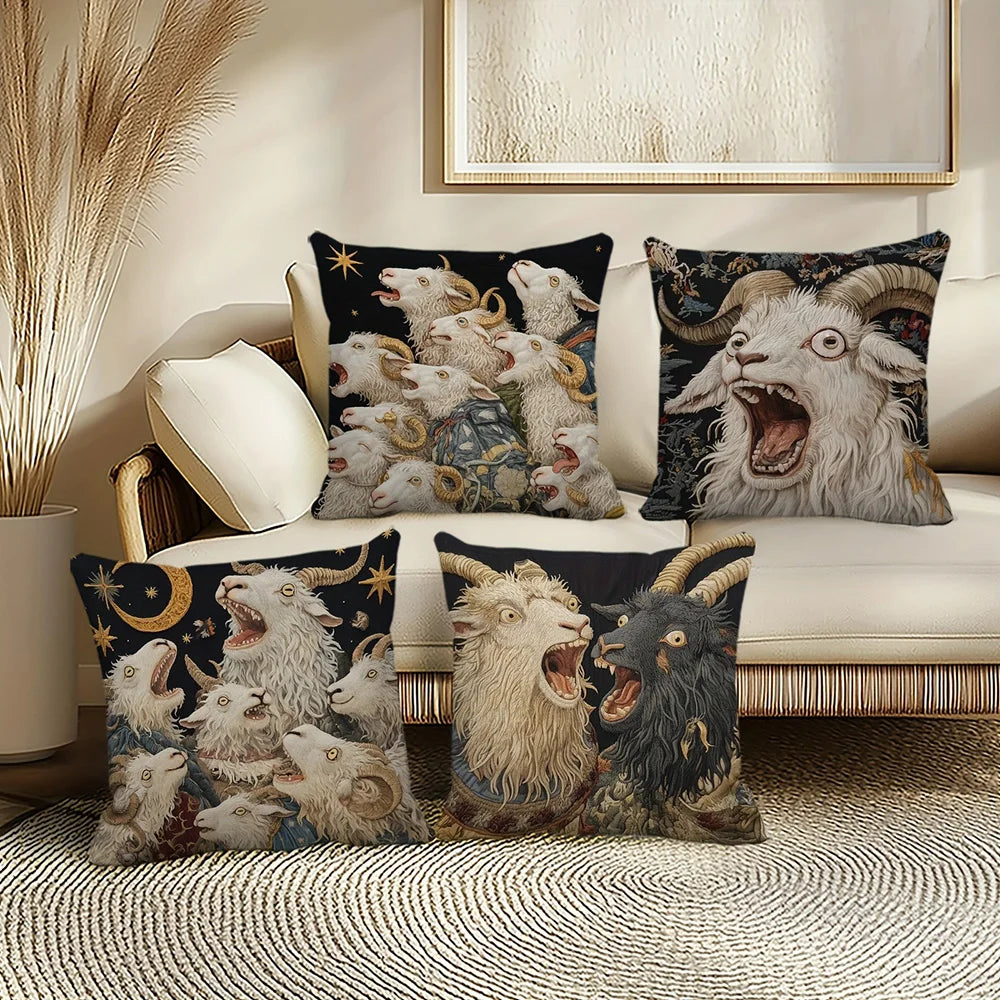 taies d'oreiller vintage motif chèvres noir blanc gris polyester peachskin 45x45cm décoration maison hospitalière