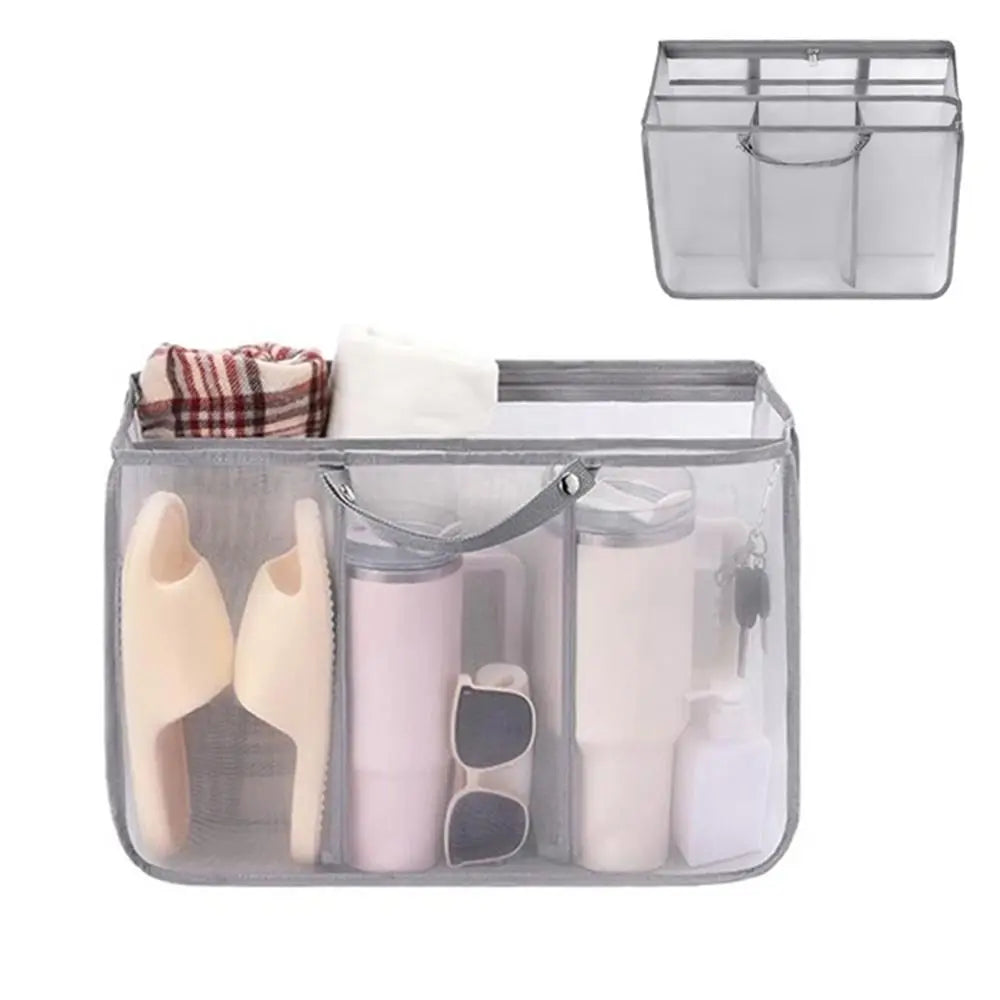 sac plage réutilisable polyester transparent compartiments utilitaire bleu clair gris minimaliste organiser affaires